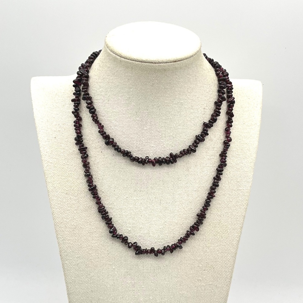 Vintage Natural Garnet Chip Bead Long Endless Necklace Burgundy Gemstone 34 In